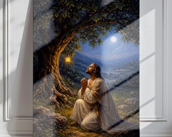 Cuadro de pared con la imagen de Jesús orando bajo un árbol, regalos cristianos, escena de oración en un jardín bíblico, decoración de fe bíblica, decoración para encima del sofá.