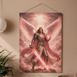 Puede incluir: Impresión de arte digital de un ángel con grandes alas emplumadas, sosteniendo un corazón brillante y una espada. El ángel está vestido con una armadura dorada y una capa roja fluida, sobre un cielo nublado rojizo-rosado.
