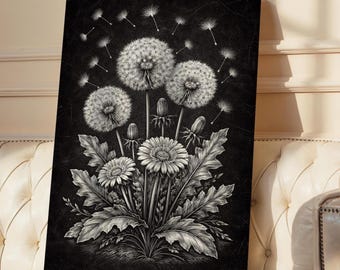 Cuadro de diente de león en blanco y negro, decoración botánica minimalista, arte floral moderno para pared, decoración de oficina.