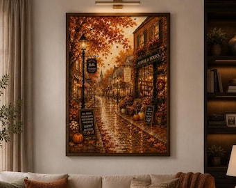 May include: A rectangular wall art print depicting a rainy autumn street scene with orange foliage, a street lamp, and a storefront labeled Coffee & Books. The scene includes pumpkins, fallen leaves, and signs with text including Happy Autumn.