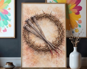Arte mural digital de la Corona de Espinas y Clavos, Crucifixión de Jesús para imprimir, Decoración religiosa cristiana