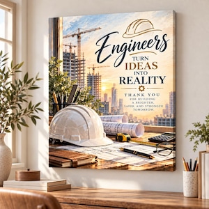 May include: A square wall art print featuring a construction site at sunset with a white hard hat, rolled blueprints, a measuring tape, a pen, and glasses on a wooden desk. The text reads: Engineers TURN IDEAS INTO REALITY THANK YOU FOR BUILDING A BRIGHTER, SAFER, AND STRONGER TOMORROW.