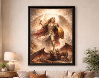 Cuadro en lienzo enmarcado del Arcángel Miguel, decoración cristiana de ángeles, ángel guerrero bíblico, decoración religiosa espiritual.