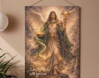 Arte de pared en lienzo del Arcángel Rafael, decoración del ángel de San Rafael, ángel sanador cristiano, regalo religioso para el hogar
