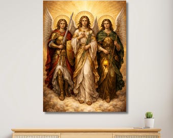 May include: A canvas print featuring three angelic figures with halos and wings, set against a golden background. One figure holds a sword, another a shield, and the third a lantern. The artwork is a religious or spiritual depiction.