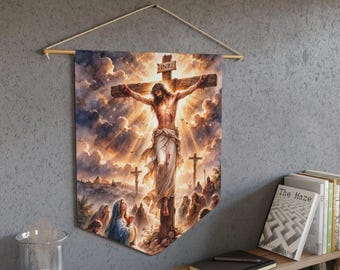 Banderín de Jesús en la Cruz, Adorno de pared cristiano, Decoración religiosa con crucifijo, Decoración para el hogar con temática de fe