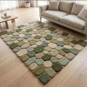 Hoogpolig vloerkleed kiezelsteen – zacht 3D-tapijt met steenpatroon, huisdecoratie saliegroen en beige