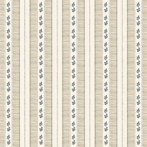 May include: A repeating pattern featuring vertical stripes in beige and cream. Thin, dotted lines and sprigs of blue-green leaves alternate with the stripes. The design has a textured, woven appearance, suitable for wallpaper or fabric.