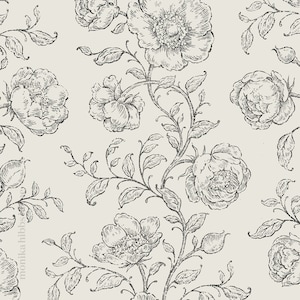 May include: A seamless pattern featuring black and white line drawings of roses and leaves on a cream background.