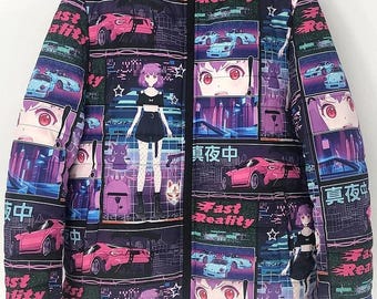 May include: A black puffer jacket with a vibrant anime-inspired design. The jacket features a repeating pattern of anime characters, cars, and Japanese text. The color palette includes shades of pink, purple, and blue, creating a bold and eye-catching aesthetic.