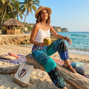Peut inclure: Un débardeur blanc à fines bretelles, un chapeau fedora en paille beige et un pantalon de jogging patchwork composé de tissus à motifs bleus, turquoise et noirs avec des chevilles élastiquées, accompagné de sandales marron et d'un sac fourre-tout en toile.