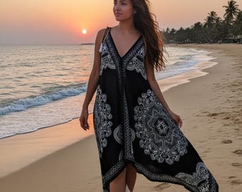 Silk Blend Boho Dress | Black & White Mandala Print, Asymmetrical Hem