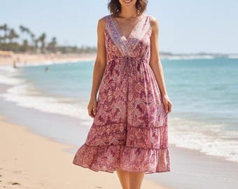 Boho Paisley Silk Mini Dress | Sleeveless Summer Tunic | Vintage Style Festival Dress for Women