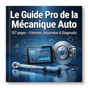 Op de afbeelding: Boekomslag met de titel "Le Guide Pro de la Mécanique Auto" in het wit. Het toont een tablet met diagnostische gegevens, een remschijf en een momentsleutel. De achtergrond is een blauwe gradiënt.