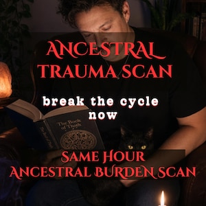 Op de afbeelding: Een persoon die een boek met de titel "The Book of Thoth" vasthoudt met een zwarte kat. De afbeelding bevat de tekst "ANCESTRAL TRAUMA SCAN", "break the cycle now" en "SAME HOUR ANCESTRAL BURDEN SCAN". De afbeelding is donker met een brandende kaars.