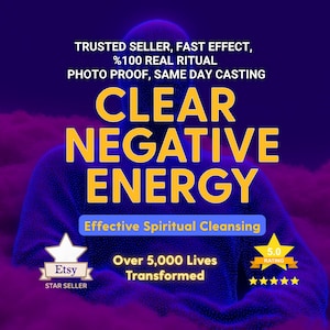May include: A purple graphic advertisement featuring the text TRUSTED SELLER, FAST EFFECT, %100 REAL RITUAL, PHOTO PROOF, SAME DAY CASTING, CLEAR NEGATIVE ENERGY, Effective Spiritual Cleansing, Over 5,000 Lives Transformed, Etsy STAR SELLER, and 5.0 RATING.