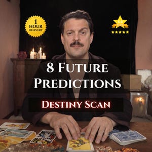 Może przedstawiać: Obraz przedstawiający mężczyznę z wąsami, otoczonego kartami tarota. Tekst brzmi "8 Future Predictions" i "Destiny Scan". Złota grafika gwiazdy wskazuje ocenę 5,0, a złota odznaka mówi "1 Hour Delivery."