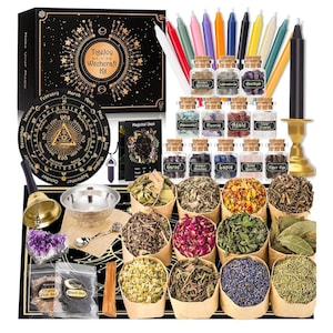 May include: A Tigeloy Witchcraft Kit with various components for spiritual practices. The kit includes a black box, candles, jars of crystals, herbs in paper cones, a pendulum, a bell, and a circular board with text.