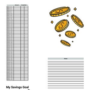 Könnte beinhalten: Ein 52-Wochen-Spar-Challenge-Planer mit dem Text '52 Week Savings Challenge' und 'Save money every week and reach your financial goals.' Er enthält eine Tabelle für 52 Wochen, eine 'My Savings Goal'-Zeile, einen Notizbereich und Illustrationen von Goldmünzen.