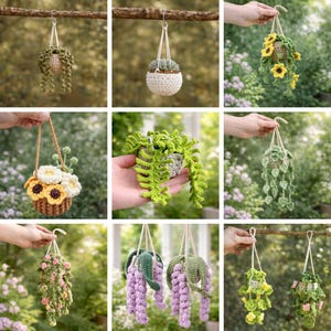 Peut inclure: Une collection de jardinières suspendues au crochet faites à la main, chacune avec un design unique. Les jardinières présentent diverses créations végétales, notamment des vignes en cascade, des tournesols et des succulentes. La palette de couleurs comprend des nuances de vert, de jaune, de rose et de violet.