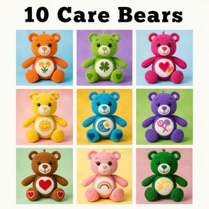 Może przedstawiać: Dziewięć kolorowych szydełkowych Care Bears, każdy z unikalnymi odznakami na brzuchu. Misie są w różnych kolorach, w tym pomarańczowym, zielonym, różowym, żółtym, niebieskim, brązowym i fioletowym. Obrazek ma u góry napis "10 Care Bears".