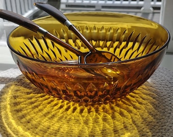 Vintage Indiana Glass Amber Salad Bowl with Feathe Cut Design with Servers