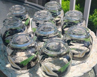 Vintage Set of 8 Black Lilies Quadrille by Sango 8oz.Old Fashioned Juice glasses