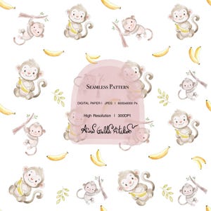 Patrón sin costuras de mono JPEG, estampado animal de mono banana, diseño infantil de safari banana, patrón de tela infantil, mosaico repetitivo de acuarela, JPEG