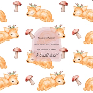 Puede incluir: Un patrón sin costuras con ilustraciones en acuarela de ciervos en reposo con acentos florales y setas de sombrero rojo sobre un fondo blanco. El diseño incluye el texto "Seamless Pattern" y "Digital Paper".