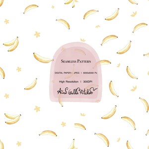May include: Seamless pattern featuring watercolor illustrations of bananas and small yellow flowers scattered on a white background. The design includes the text "SEAMLESS PATTERN" and other details about the digital paper.