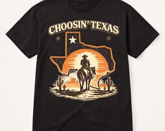 Koszulka Choosin’ Texas, koszulka z grafiką Texas Western, koszulka Cowboy Sunset, koszulka Lone Star State, koszulka unisex w stylu vintage Texas Pride