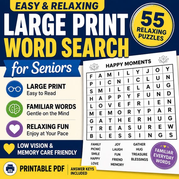 Large Print Word Search for Seniors | Printable PDF Low Vision