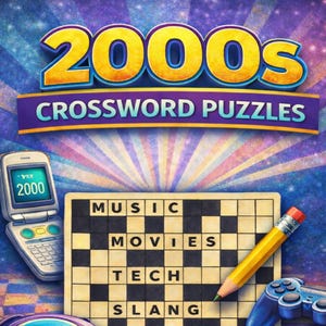 以下が含まれることがあります： 「2000s Crossword Puzzles」というタイトルのクロスワードパズル本のカラフルなグラフィック。画像には、フリップフォン、Music、Movies、Tech、Slangという単語のクロスワードパズル、鉛筆、ゲームコントローラーが含まれています。
