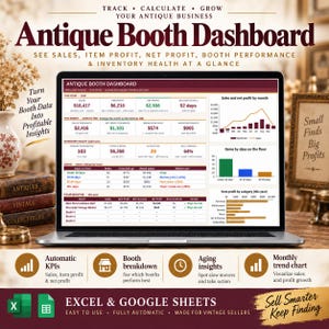 May include: A laptop screen displaying an Antique Booth Dashboard spreadsheet for tracking sales, item profit, net profit, and inventory health. The interface includes data tables, bar charts, and line graphs for business performance analysis.