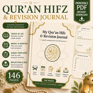 Koranen Hifz-dagbok utskrivbar PDF, 30 Juz-tracker, Surah-memoreringsplanerare, veckovis revisionslogg, islamisk anteckningsbok, direktnedladdning