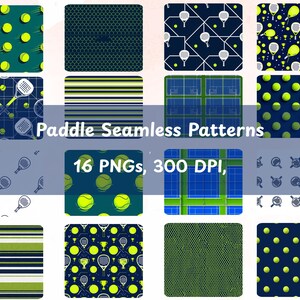 Puede incluir: Una colección de 16 patrones sin costuras de pádel. Los diseños presentan pelotas de tenis, raquetas y diseños de cancha en tonos verdes, amarillos, azules y blancos. También se incluye el texto "Paddle Seamless Patterns" y "16 PNGs, 300 DPI".