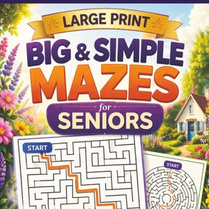 May include: A book cover with the title "LARGE PRINT BIG & SIMPLE MAZES for SENIORS." The cover features a colorful illustration of a house, flowers, and two maze puzzles with the word "START" on them. The mazes are designed for seniors.