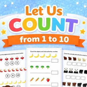 May include: Educational worksheet with the text "Let Us COUNT from 1 to 10." The worksheet features counting exercises with cherries, bananas, broccoli, carrots, strawberries, bears, polar bears, pandas, and other objects. The background is blue with stars.