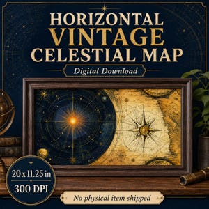 May include: A horizontal vintage celestial map in a dark wooden frame. The map features a deep blue section with a bright central star and a golden parchment section with a compass rose. Text reads HORIZONTAL VINTAGE CELESTIAL MAP, 20 x 11.25 in, 300 DPI.