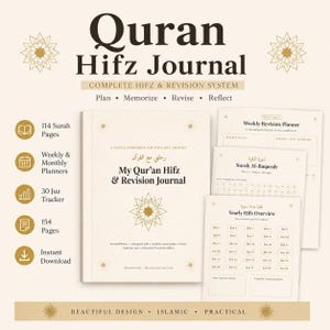 Diário de memorização do Alcorão em PDF para imprimir, rastreador de 30 Juz, planejador de memorização de suratas, registro de revisão semanal, caderno islâmico, download instantâneo