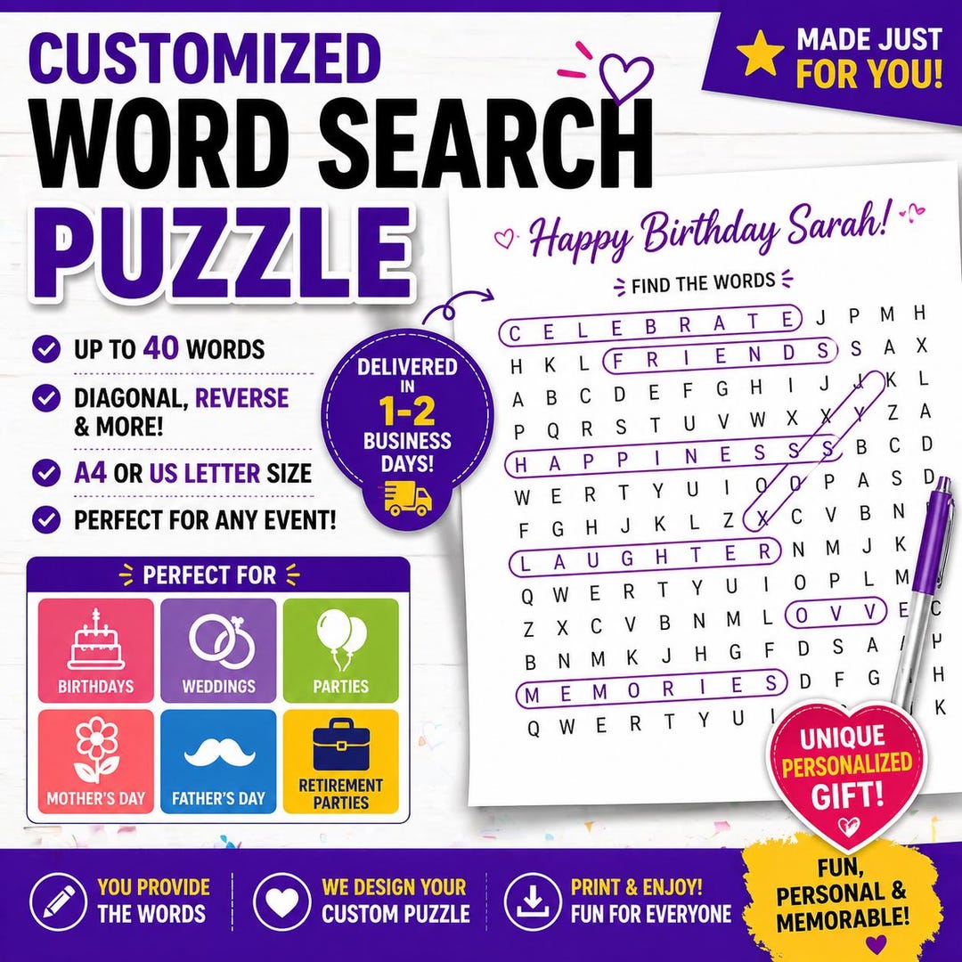Custom Word Search Puzzle | Personalized Gift for Wedding Birthday Baby ...