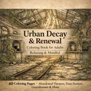 May include: A colouring book titled "Urban Decay & Renewal" for adults. The cover depicts an artistic rendering of an abandoned train station with overgrown vegetation. The book promises 40 colouring pages with relaxing and mindful themes, including abandoned theatres and greenhouses.