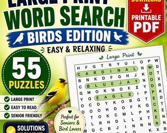 Cruciverba sugli uccelli per anziani / 55 puzzle a caratteri grandi / Regalo per nonna e mamma / Per gli amanti degli uccelli / Download immediato / PDF stampabile
