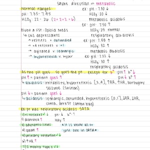 May include: A handwritten page of medical notes on acid-base balance, with highlighted text in pink, yellow, and green. The notes cover topics such as normal ranges, metabolic acidosis, and respiratory alkalosis. The text includes equations and lists of symptoms.