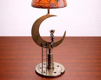 Man on the Moon Lamp | Handmade Metal Moon Light | Industrial Table Lamp | Whimsical Night Light | Unique Gift