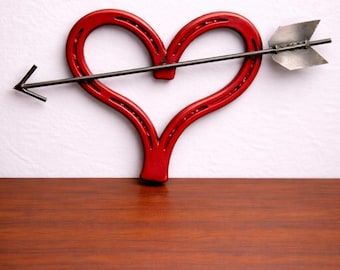 Heart and Arrow Wall Art | Red Horseshoe Heart | Handmade Metal Wall Decor | Rustic Love Sculpture | Valentine’s Gift