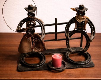 Handcrafted Horseshoe Cowboy Couple Candle Holder — Rustic Western Decor | Unique Country Gift
