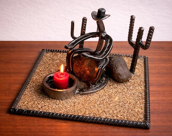 Handcrafted Metal Cowboy Campfire Sculpture — Rustic Western Decor | Unique Candle Display