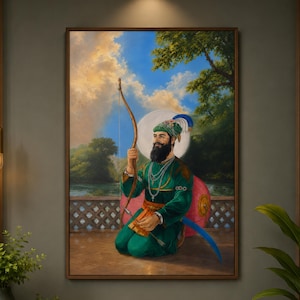 May include: A framed painting depicting a bearded figure in a green tunic and turban, kneeling while holding a wooden bow. The figure wears a necklace and has a sword at their side. The background shows a landscape with trees and a blue sky.