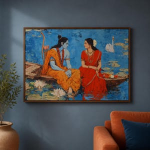 Schilderij van Ram en Sita | Groot hindoeïstisch wandkunstwerk | Canvasprint van Ram | Indiase woondecoratie